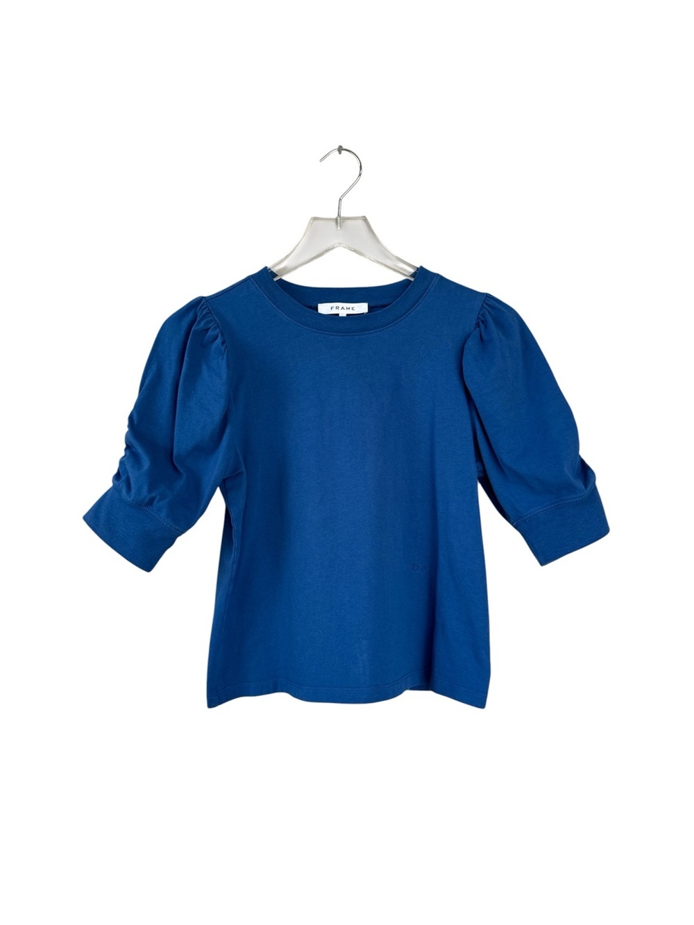 FRAME Frankie Ruched Puff Sleeve Tee Blue Organic Cotton Size Small